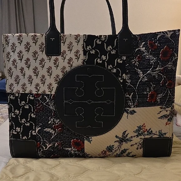 Tory Burch Ella Navy, Cream and Red Patchwork Floral Large Tote - Picture 6 of 8
